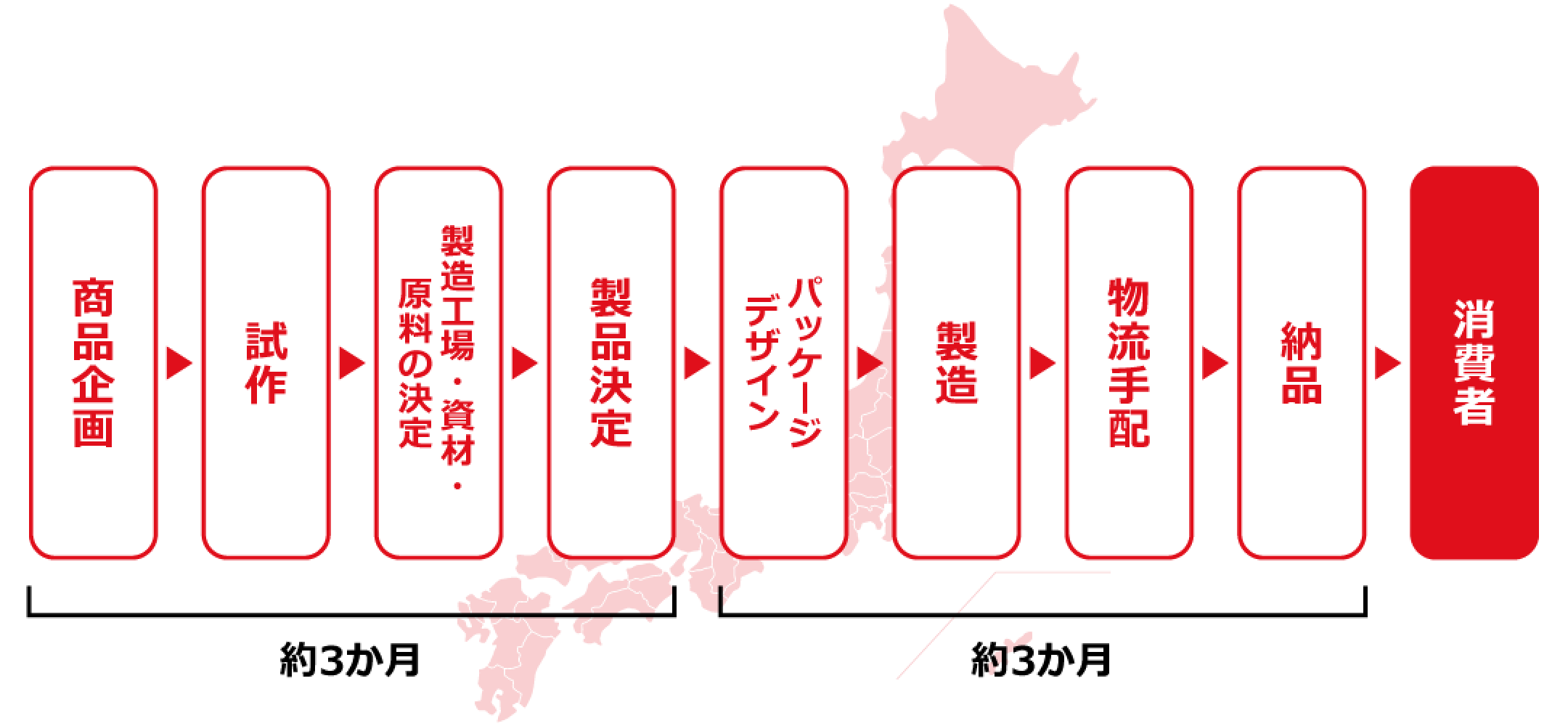 商品企画→試作→製造工場・資材・原料の決定→製品決定（約3か月）、→パッケージデザイン→製造→物流手配→納品（約3か月）→消費者